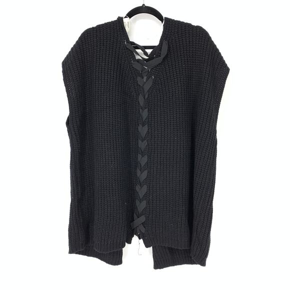 David and Young Women's O/S Open Front Lace Up Back Cardigan Sweater Vest Black - Picture 2 of 7